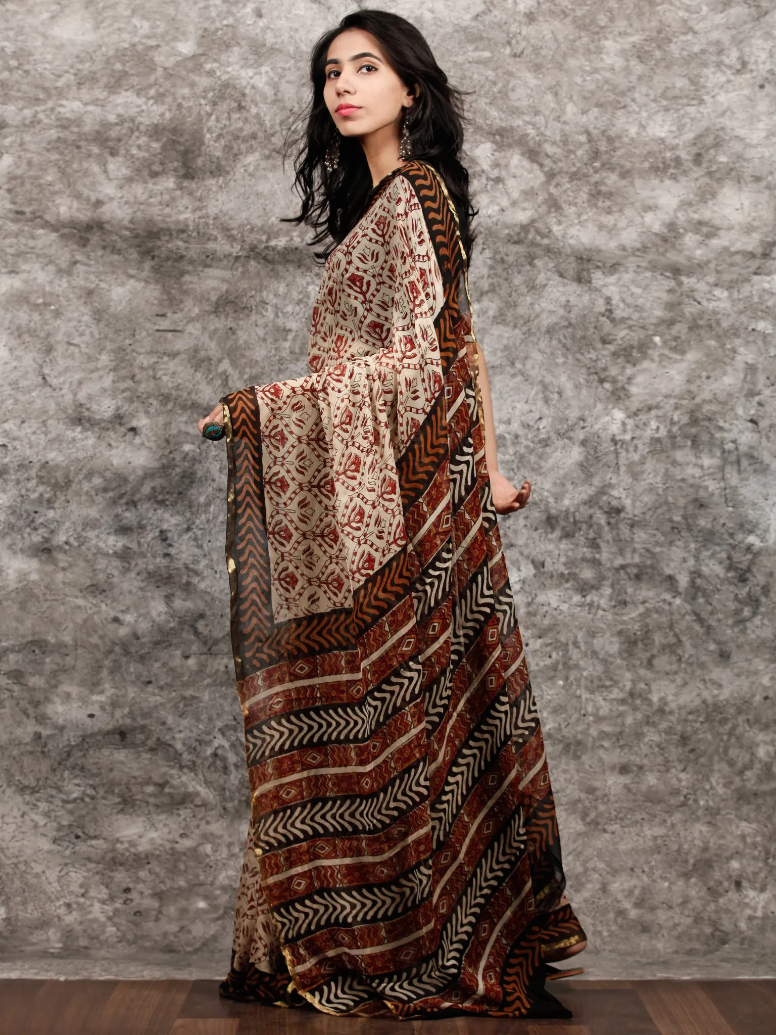 Beige Rust Black Hand Block Printed Chiffon Saree with Zari Border - S031703489