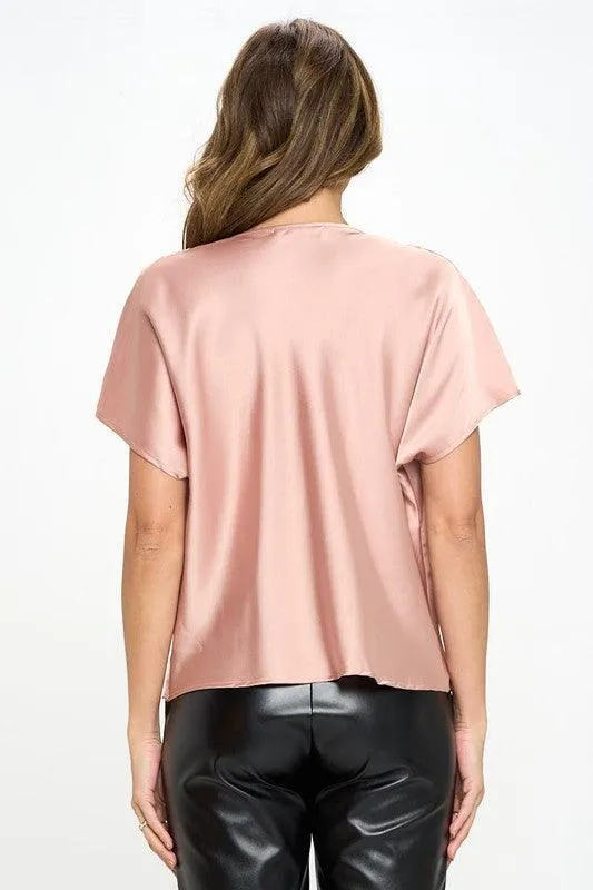 Beige Satin Cowl Neck Short Sleeve Top