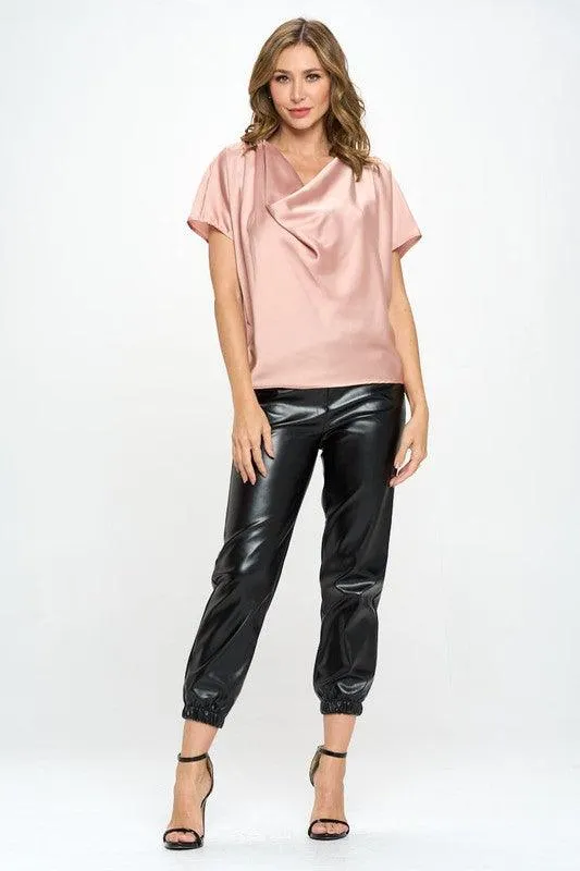 Beige Satin Cowl Neck Short Sleeve Top