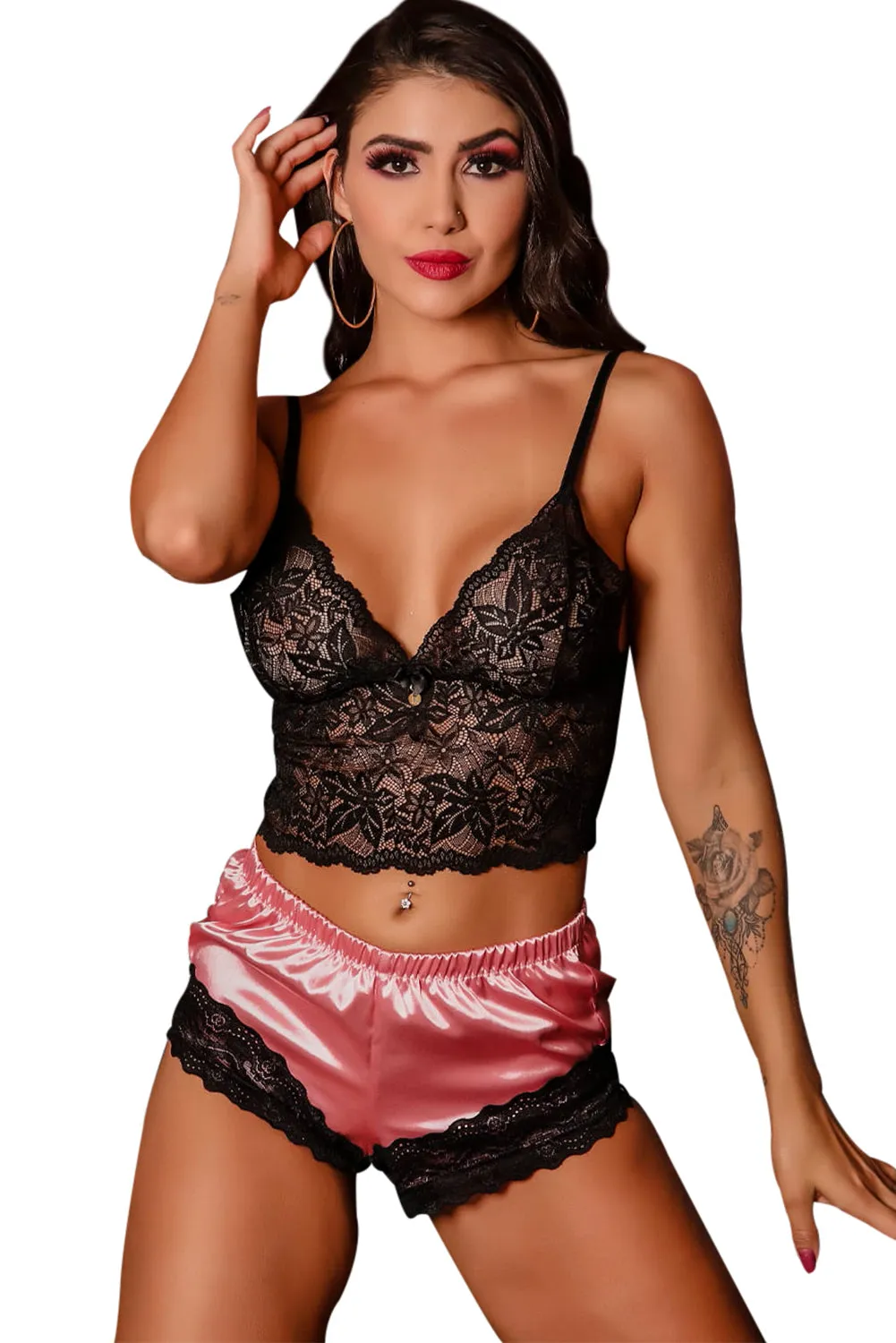 Black 2Pcs Lace Spaghetti Straps Lingerie Set