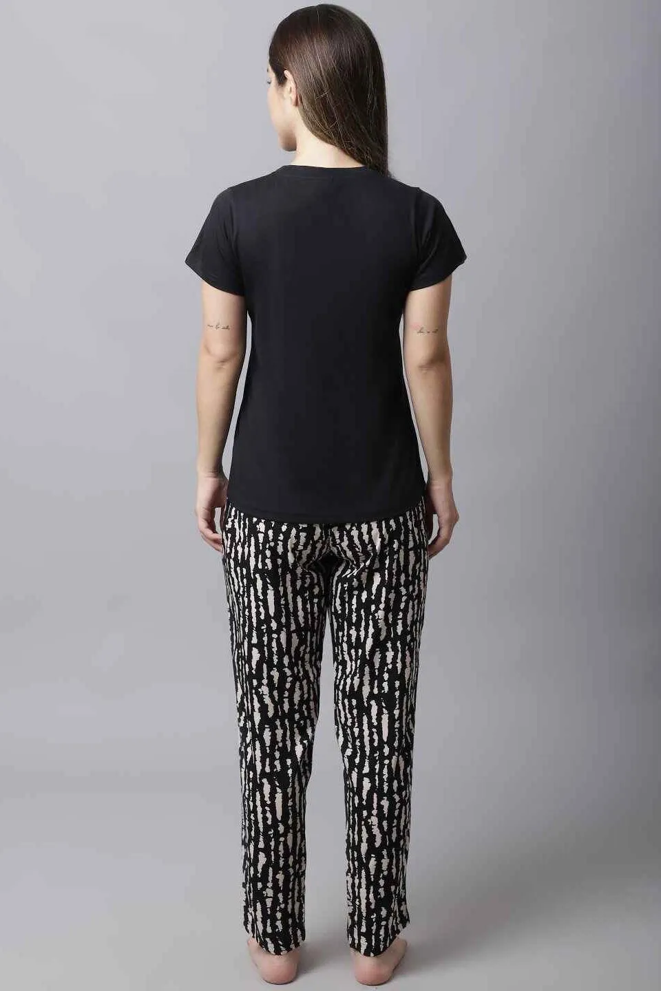 Black Abstract Printed Cotton Night Suit for Women | S-XL | Claura