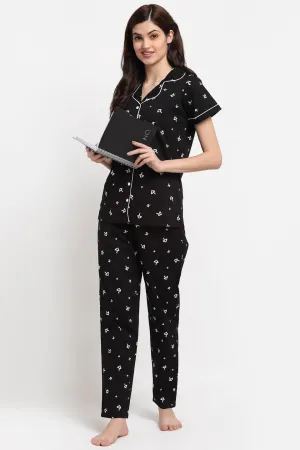 Black Abstract Printed Cotton Night Suit for Women | S-XL | Claura