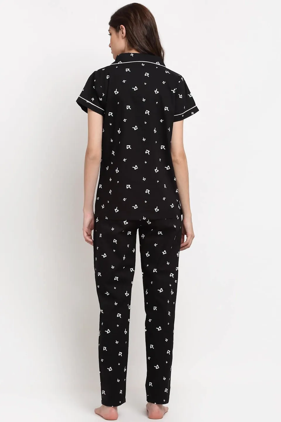 Black Abstract Printed Cotton Night Suit for Women | S-XL | Claura