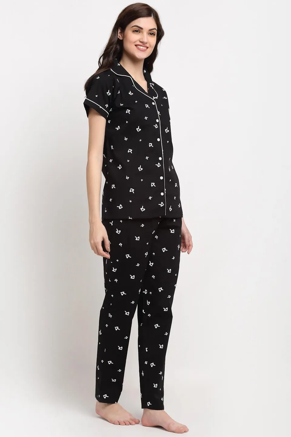 Black Abstract Printed Cotton Night Suit for Women | S-XL | Claura