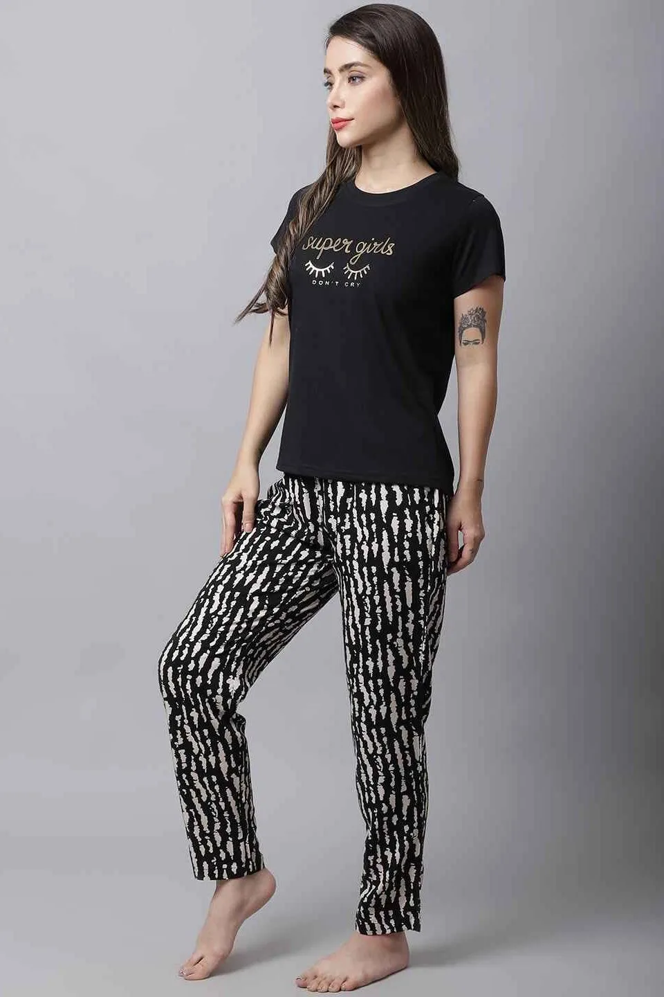 Black Abstract Printed Cotton Night Suit for Women | S-XL | Claura