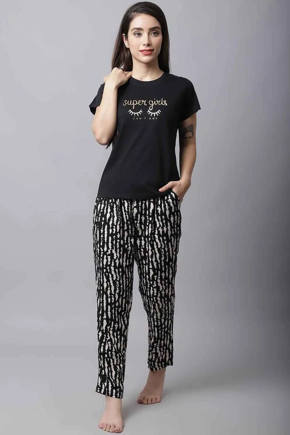 Black Abstract Printed Cotton Night Suit for Women | S-XL | Claura