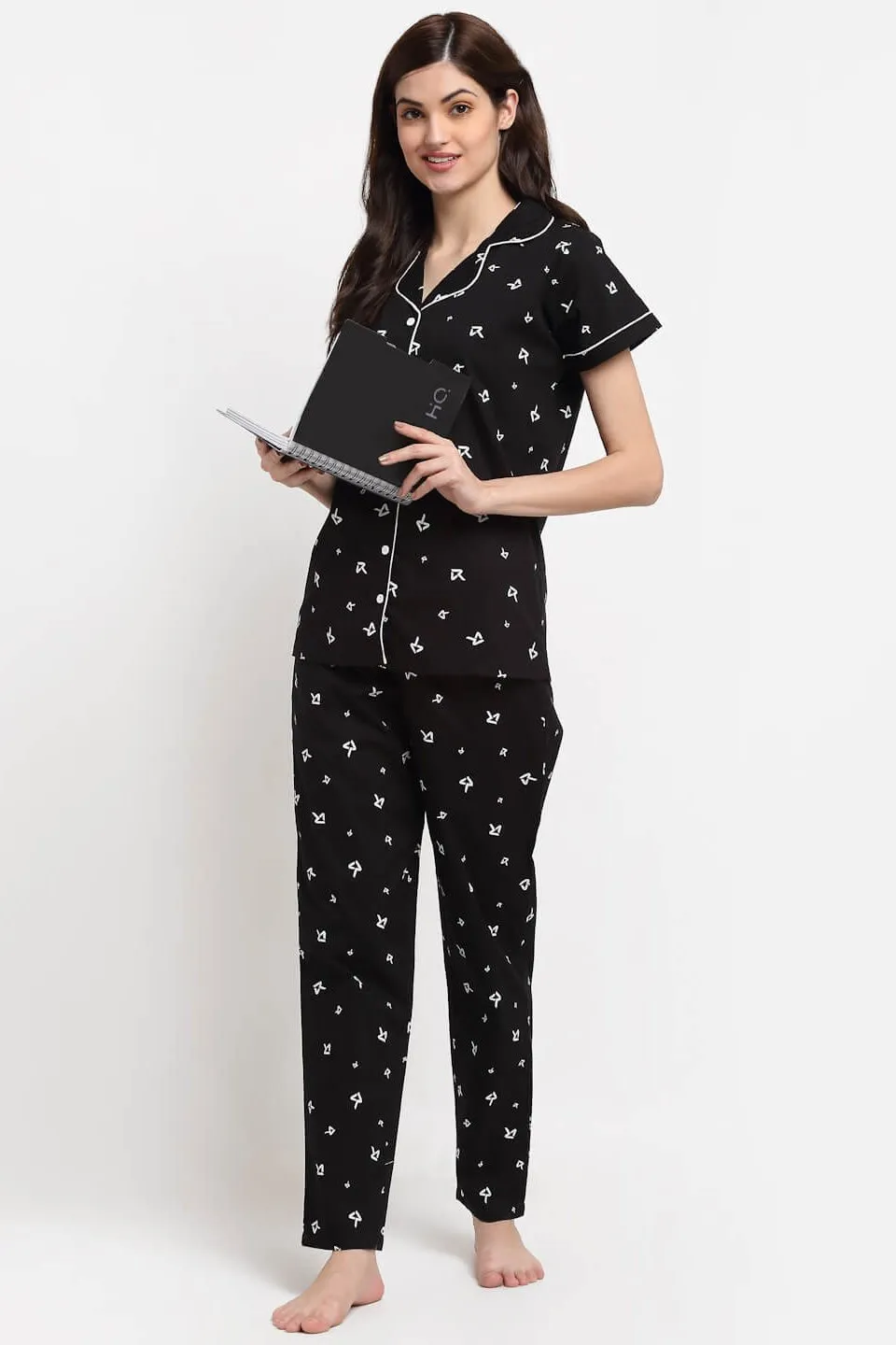 Black Abstract Printed Cotton Night Suit for Women | S-XL | Claura