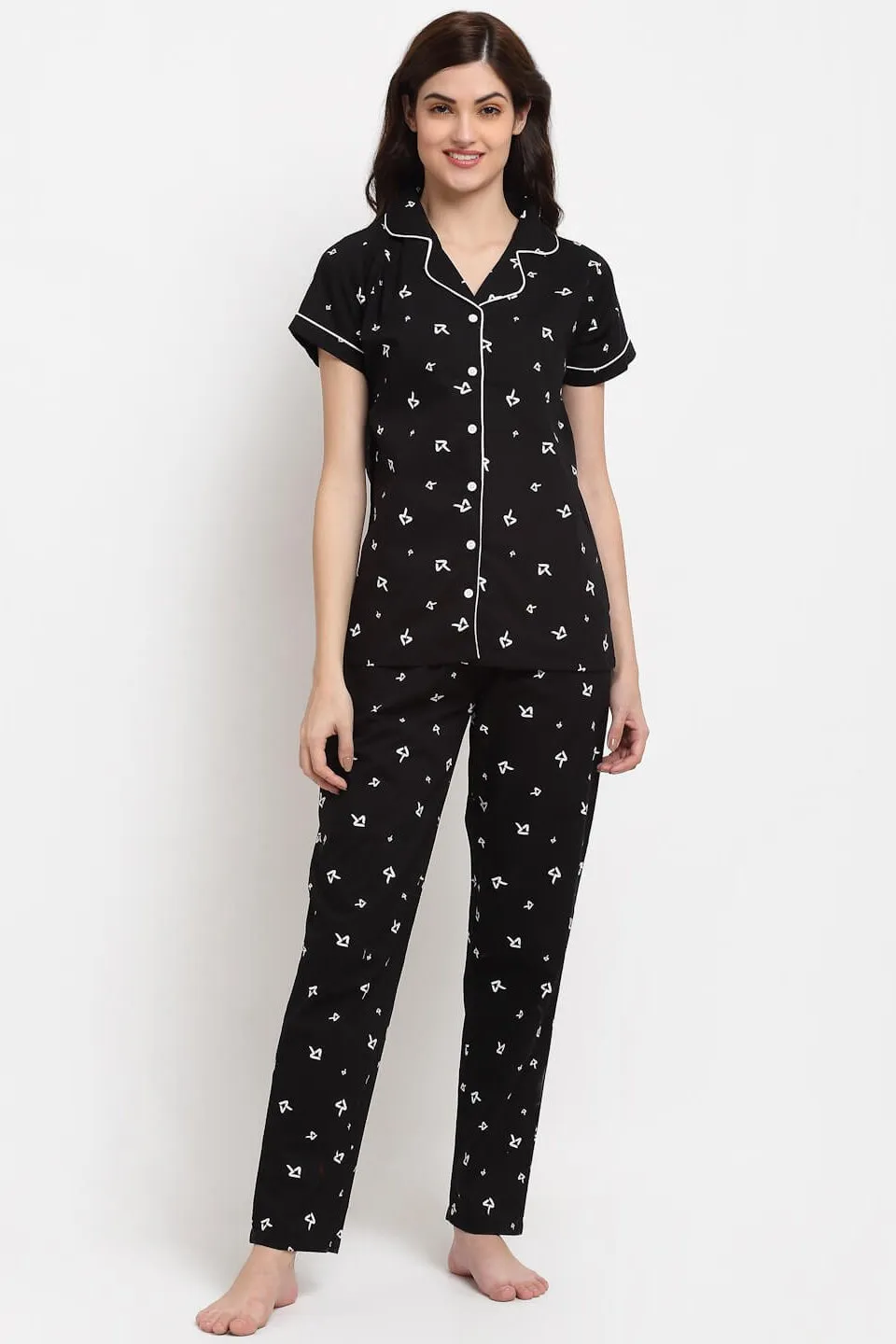 Black Abstract Printed Cotton Night Suit for Women | S-XL | Claura