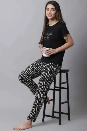 Black Abstract Printed Cotton Night Suit for Women | S-XL | Claura
