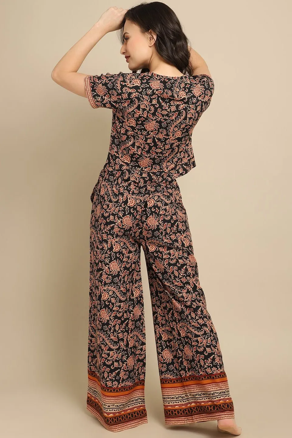 Black Abstract Printed Viscose Rayon Night Suit for Women | S-XL | Claura