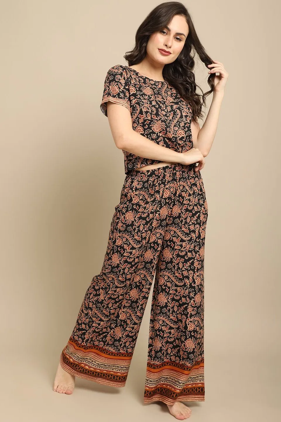 Black Abstract Printed Viscose Rayon Night Suit for Women | S-XL | Claura