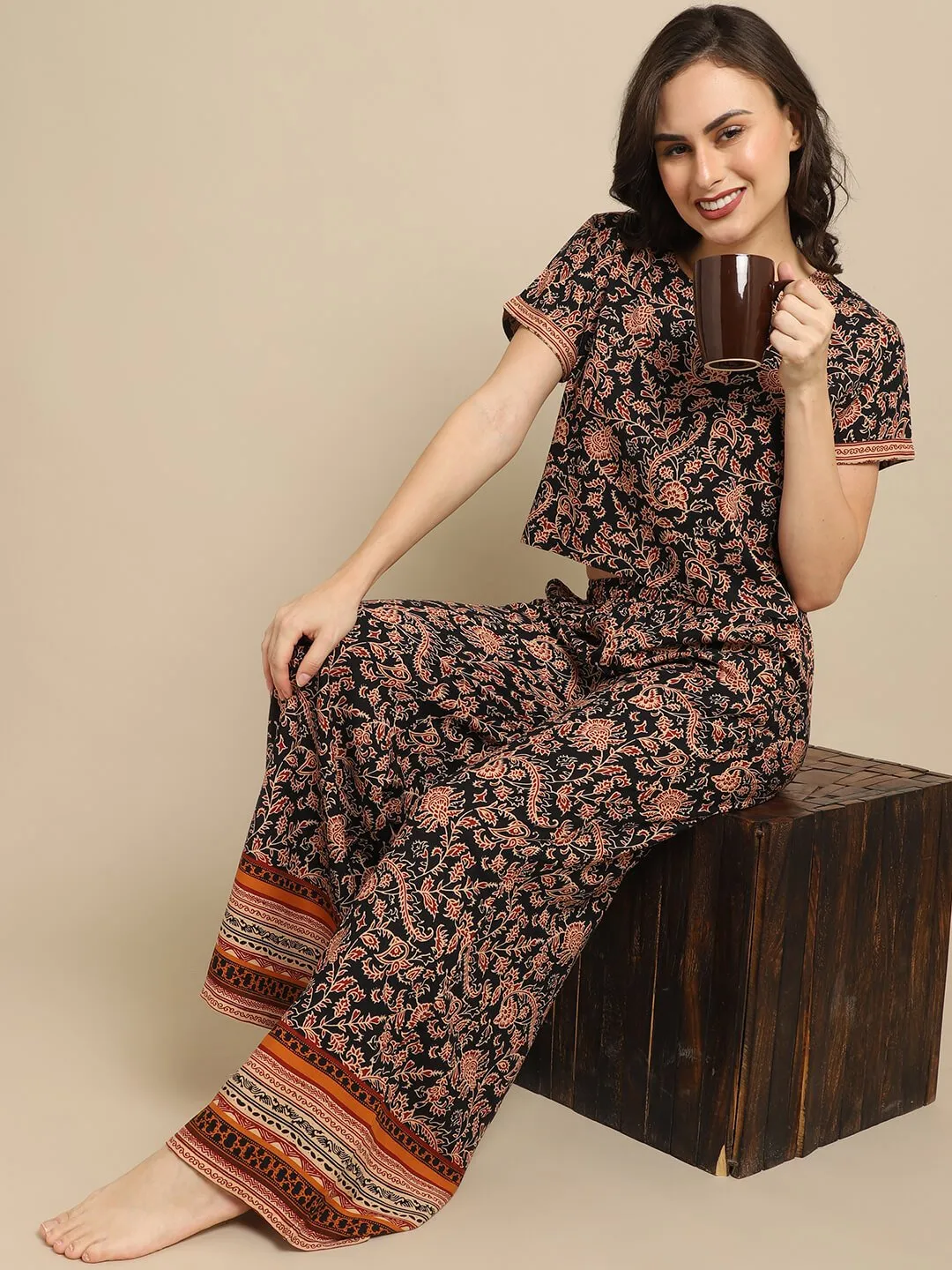 Black Abstract Printed Viscose Rayon Night Suit for Women | S-XL | Claura