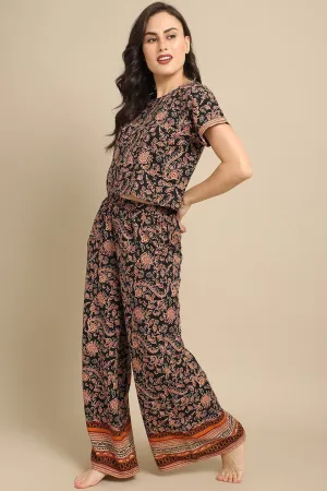 Black Abstract Printed Viscose Rayon Night Suit for Women | S-XL | Claura