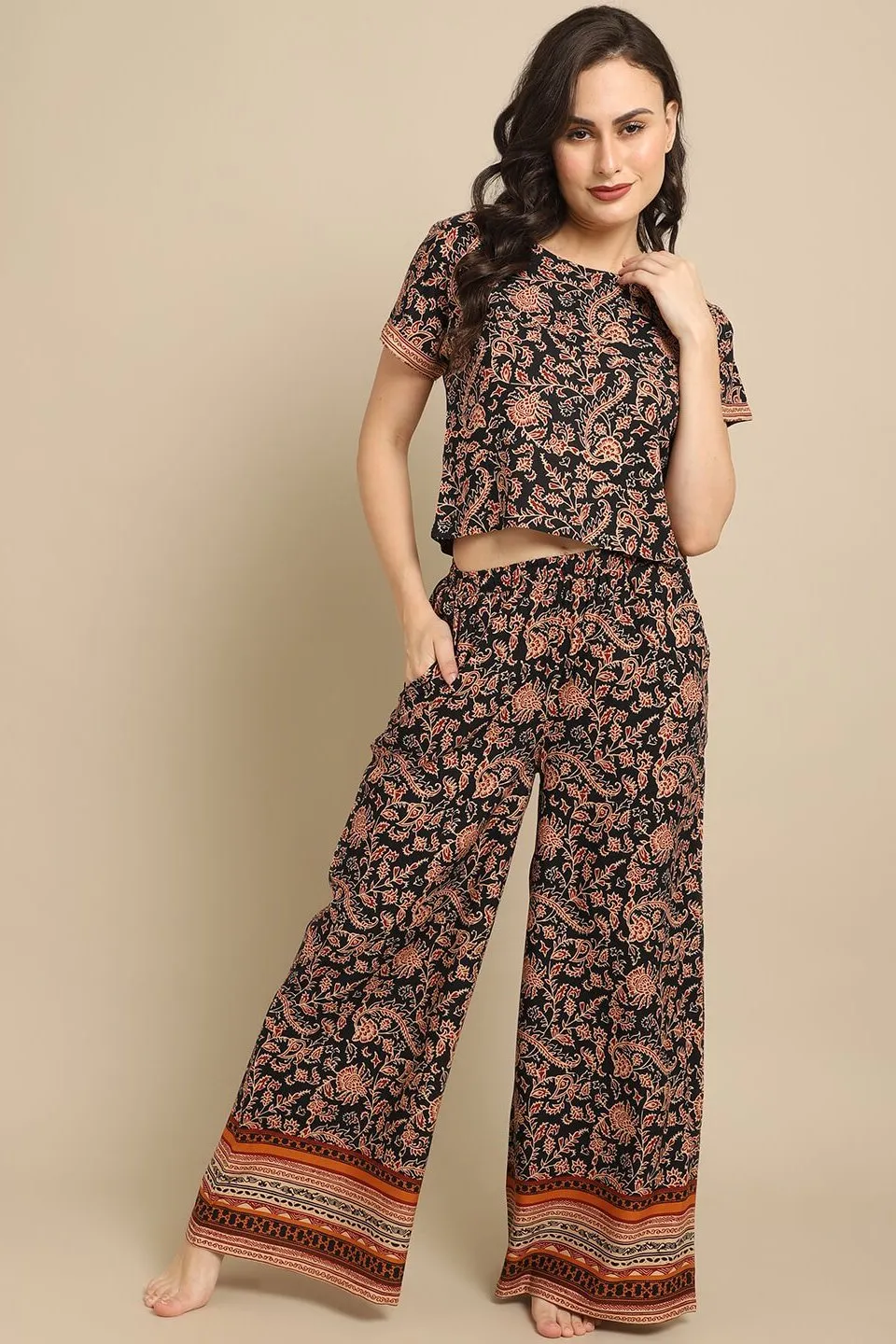 Black Abstract Printed Viscose Rayon Night Suit for Women | S-XL | Claura