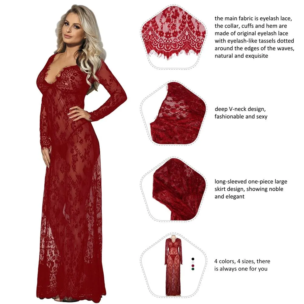 Black & Maroon & White & Green Delicate Lace Long Sleepwear Egypt Gown
