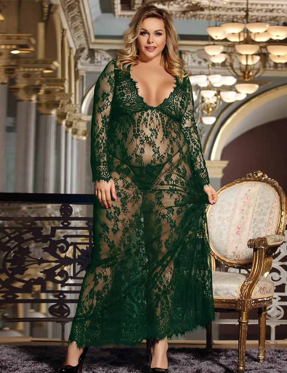 Black & Maroon & White & Green Delicate Lace Long Sleepwear Egypt Gown