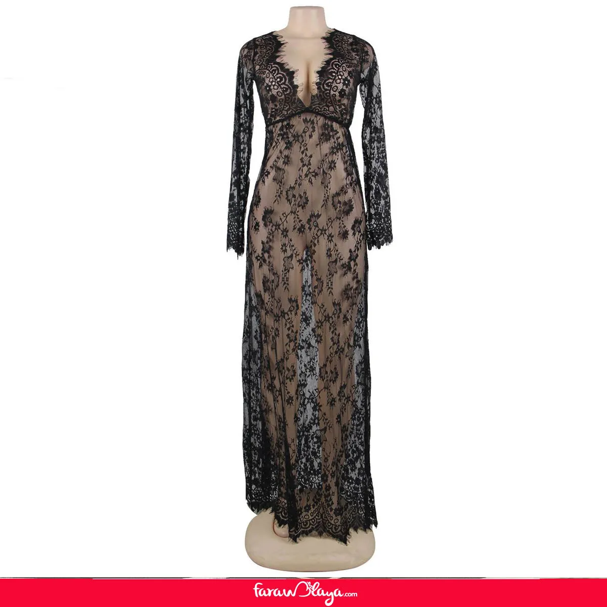 Black & Maroon & White & Green Delicate Lace Long Sleepwear Egypt Gown