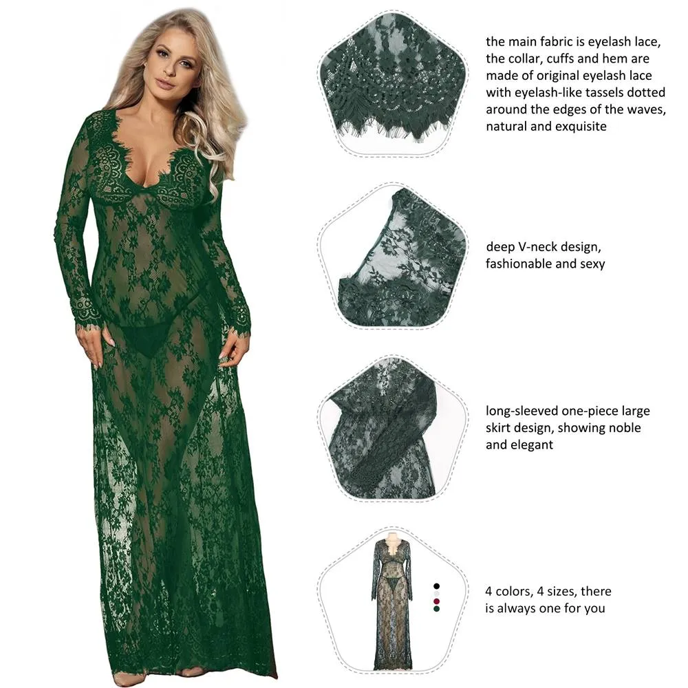 Black & Maroon & White & Green Delicate Lace Long Sleepwear Egypt Gown