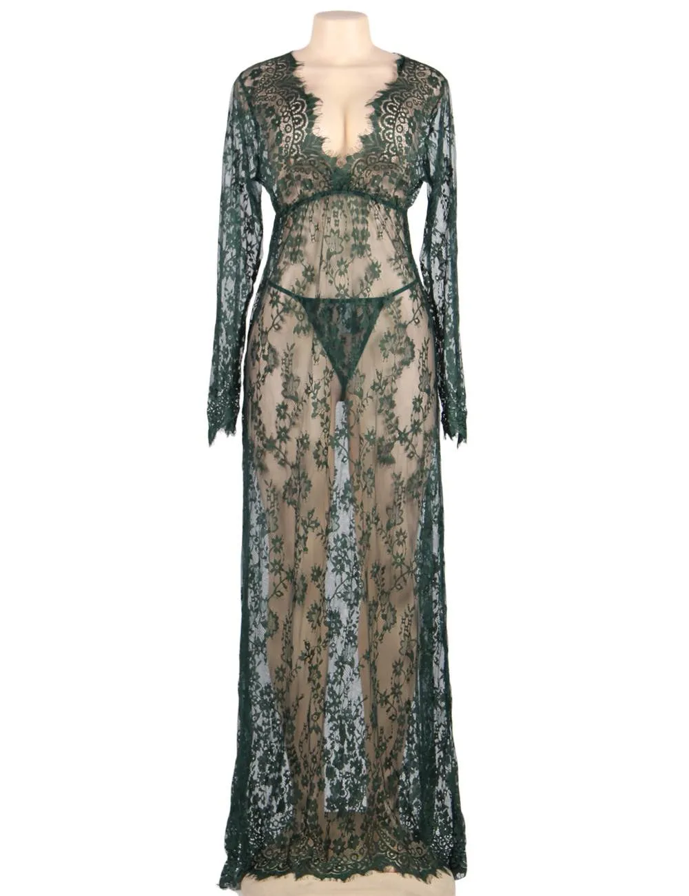 Black & Maroon & White & Green Delicate Lace Long Sleepwear Egypt Gown