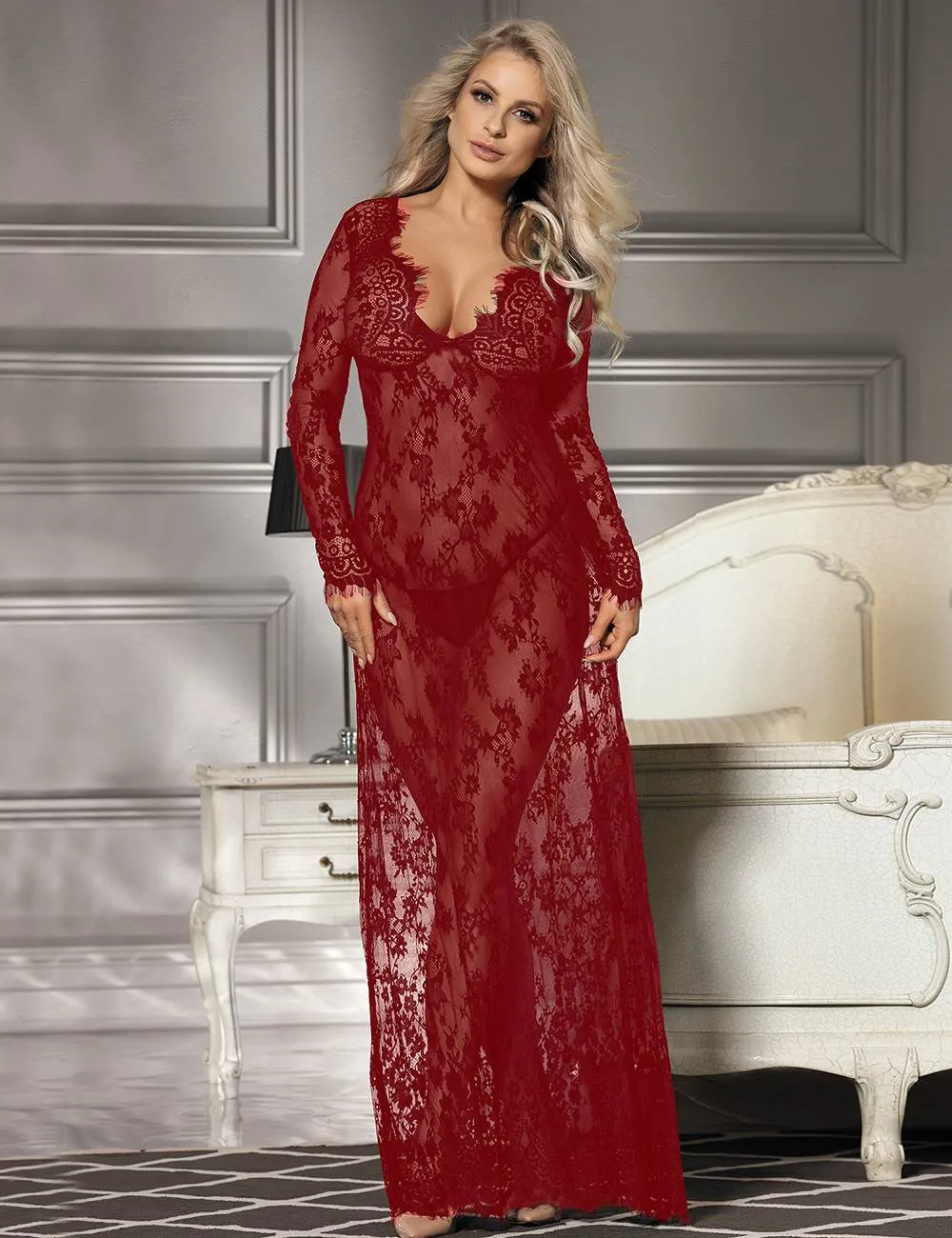 Black & Maroon & White & Green Delicate Lace Long Sleepwear Egypt Gown