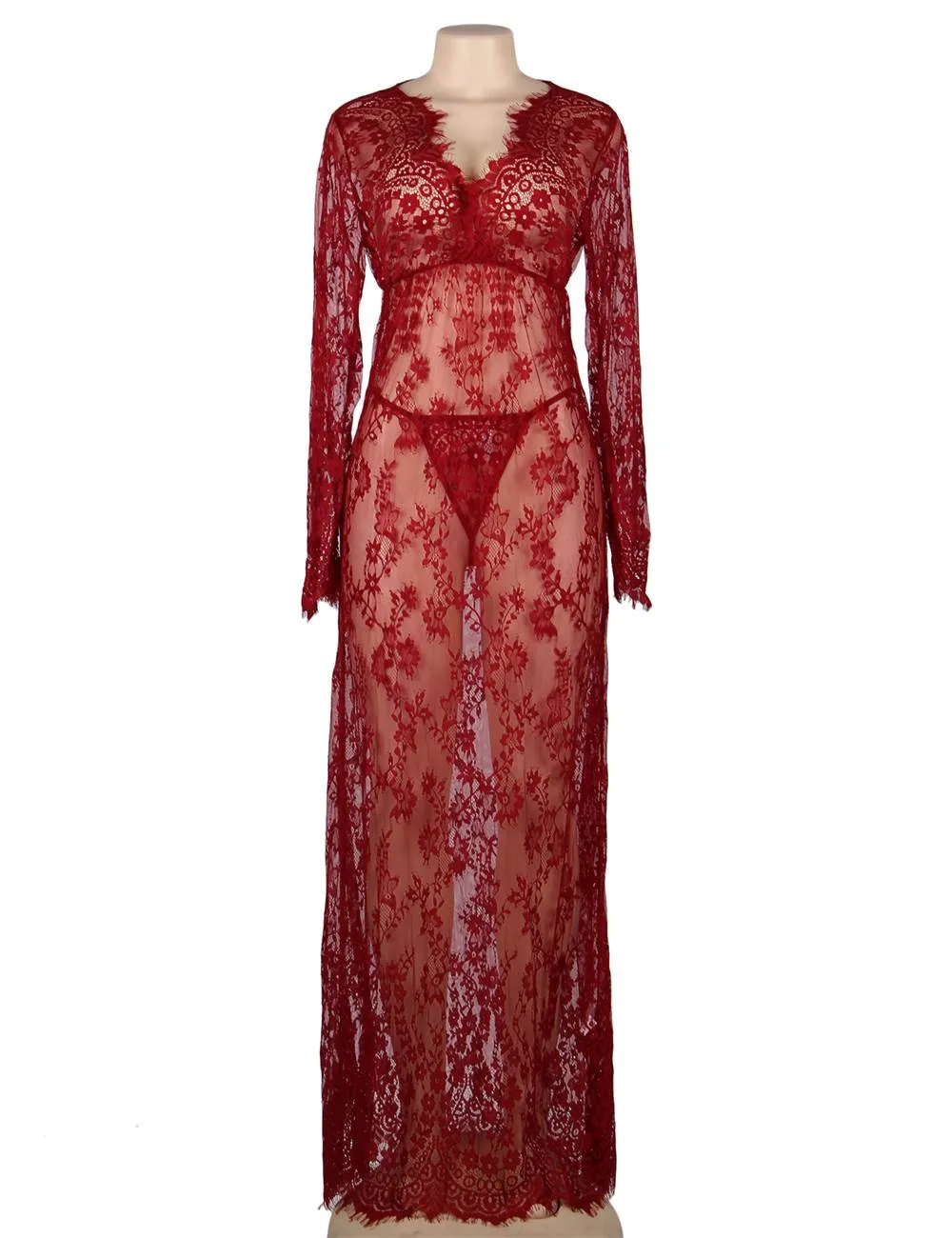 Black & Maroon & White & Green Delicate Lace Long Sleepwear Gown