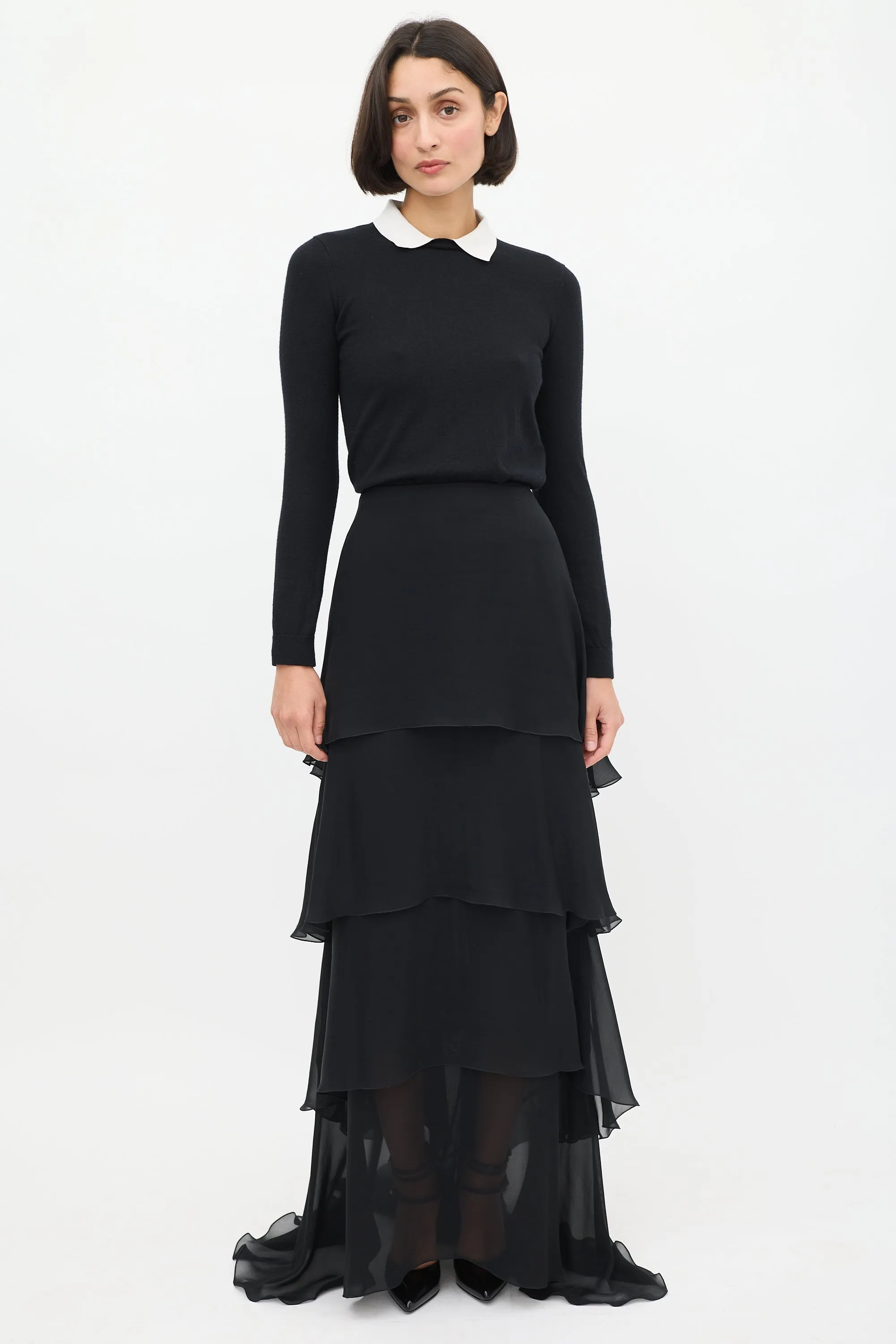 Black & White Cashmere & Silk Collared Sweater