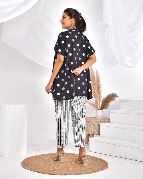 Black & White Polka Stripes Cotton Loungewear Coord Set