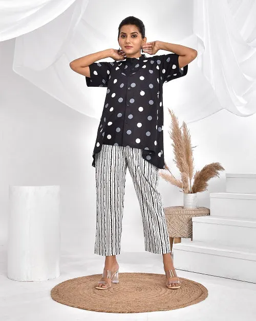Black & White Polka Stripes Cotton Loungewear Coord Set