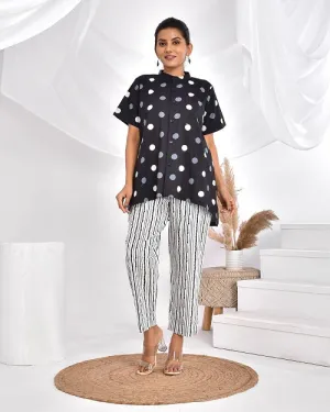 Black & White Polka Stripes Cotton Loungewear Coord Set