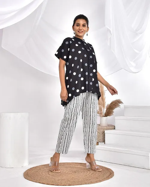Black & White Polka Stripes Cotton Loungewear Coord Set