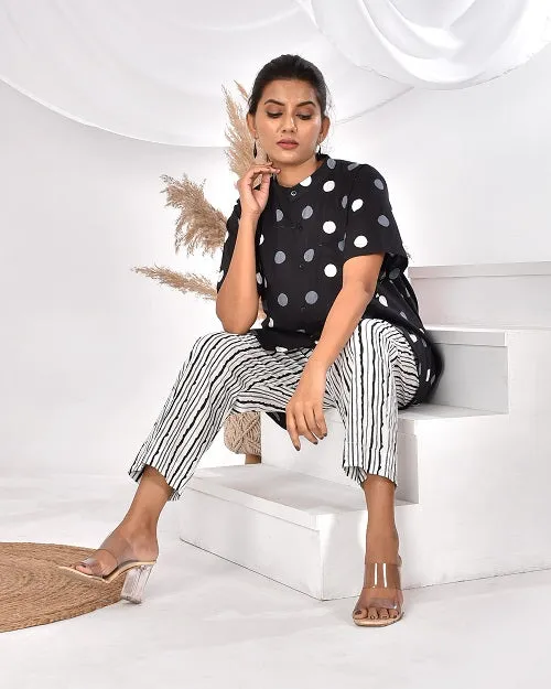 Black & White Polka Stripes Cotton Loungewear Coord Set