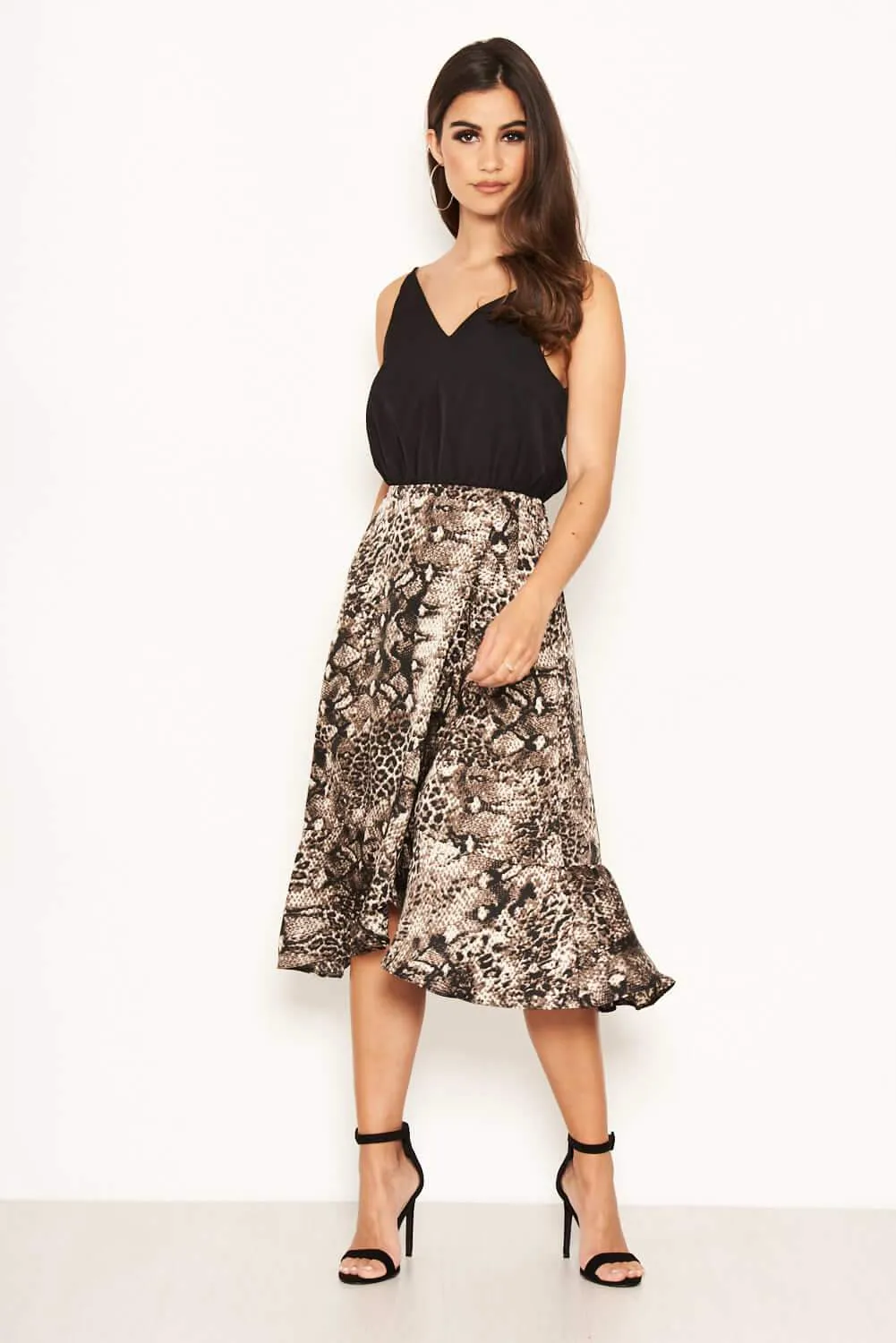 Black And Grey Animal Print 2 In 1 Frill Hem Midi Dress