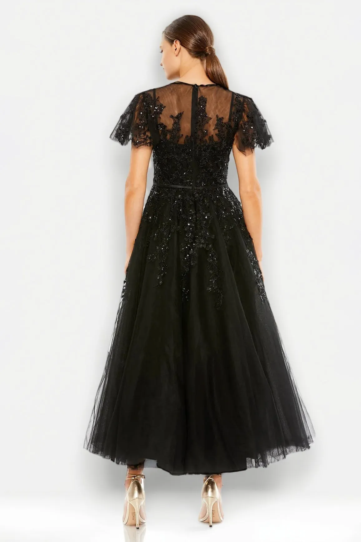 Black Appliques Tulle Short Sleeve A Line Ankle Length Party Dress