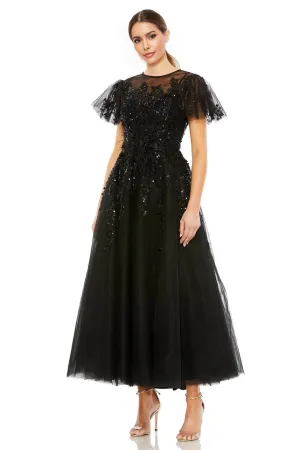 Black Appliques Tulle Short Sleeve A Line Ankle Length Party Dress