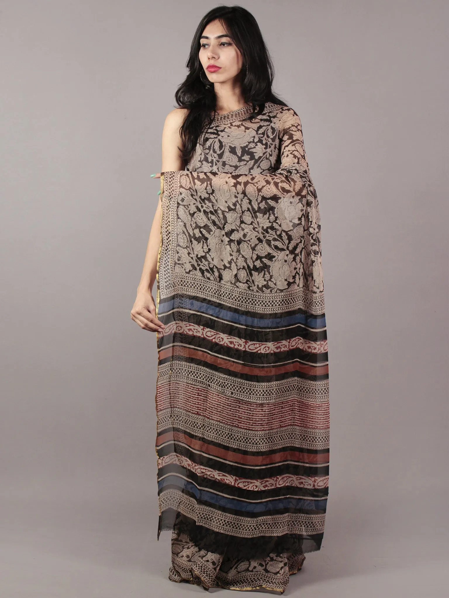 Black Beige Maroon Hand Block Printed Chiffon Saree - S031701819
