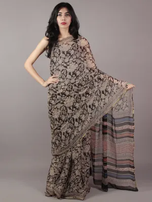 Black Beige Maroon Hand Block Printed Chiffon Saree - S031701819