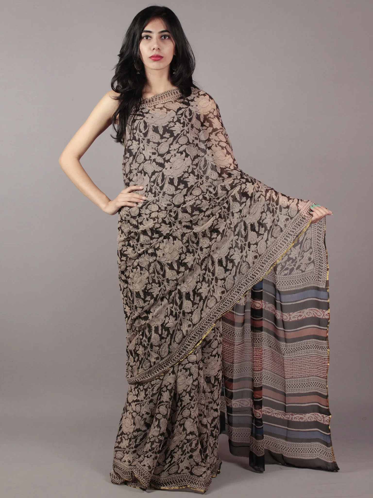 Black Beige Maroon Hand Block Printed Chiffon Saree - S031701819