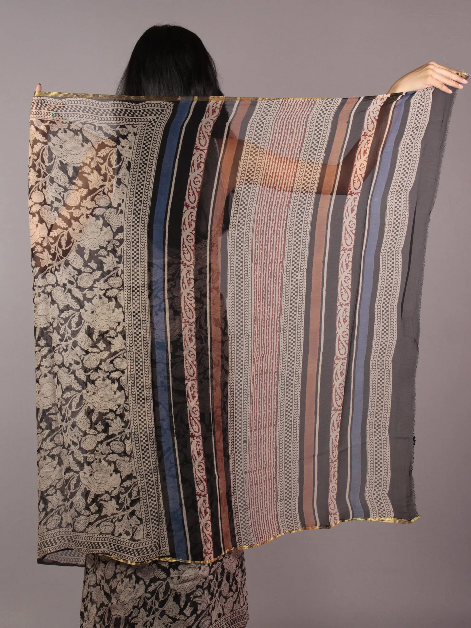 Black Beige Maroon Hand Block Printed Chiffon Saree - S031701819