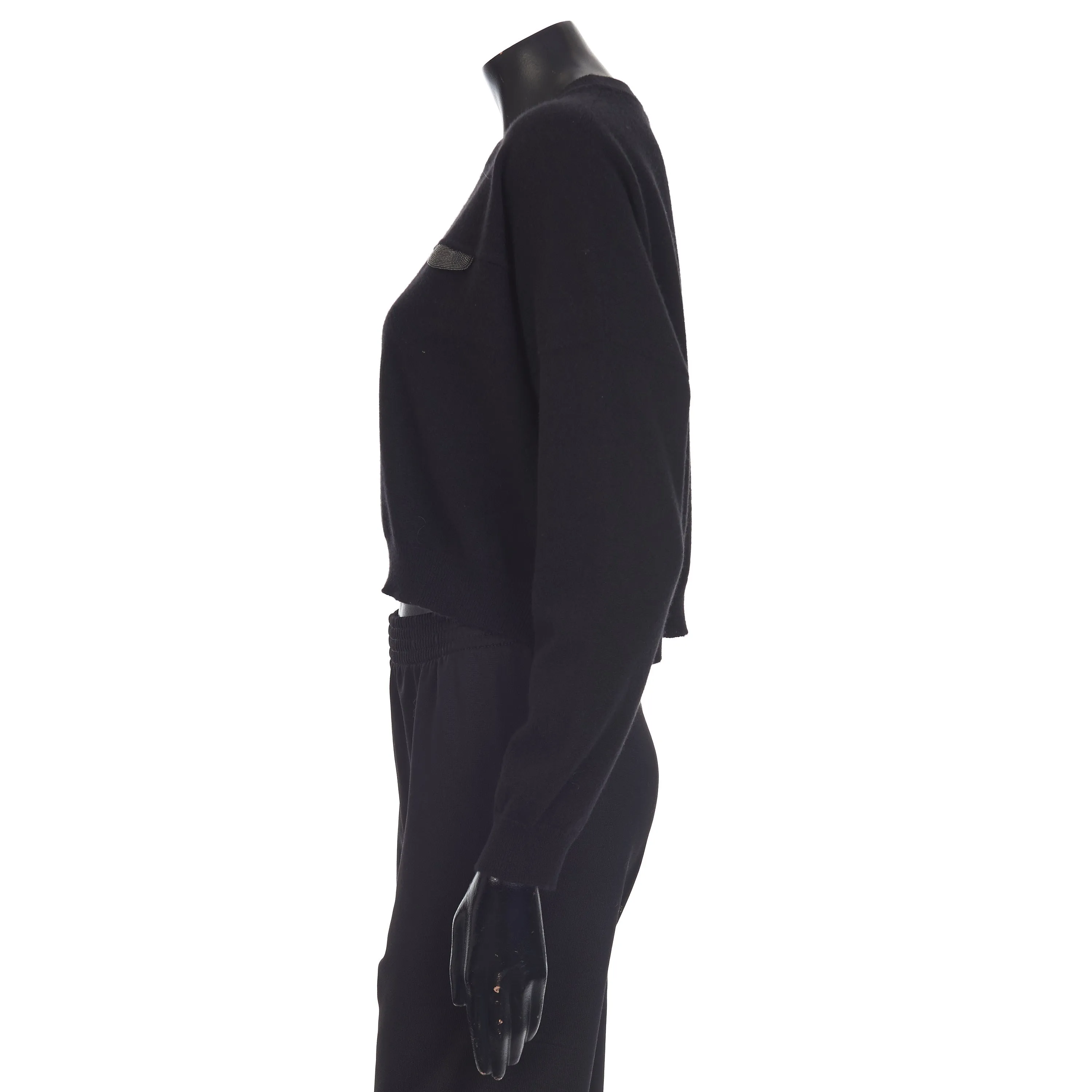 Black Cropped Sweater - Monili Embroidery - Cashmere