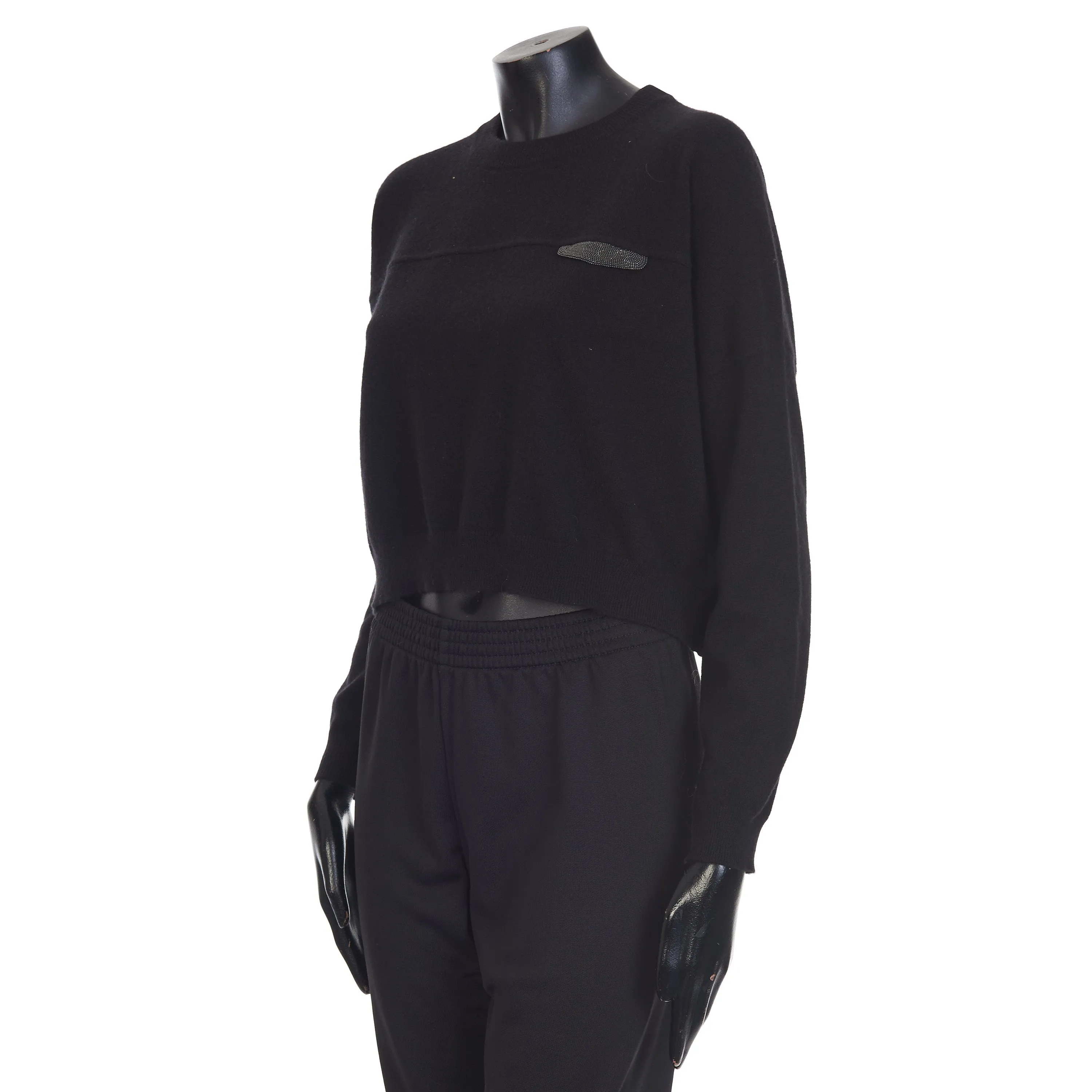 Black Cropped Sweater - Monili Embroidery - Cashmere