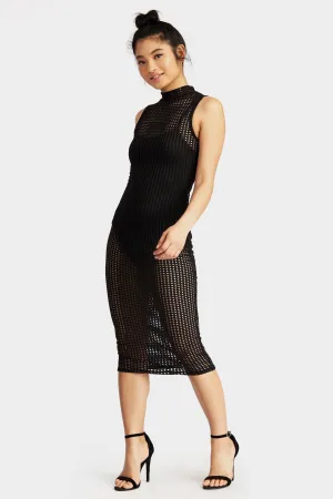 Black High Neck Jumbo Fishnet Midi Dress