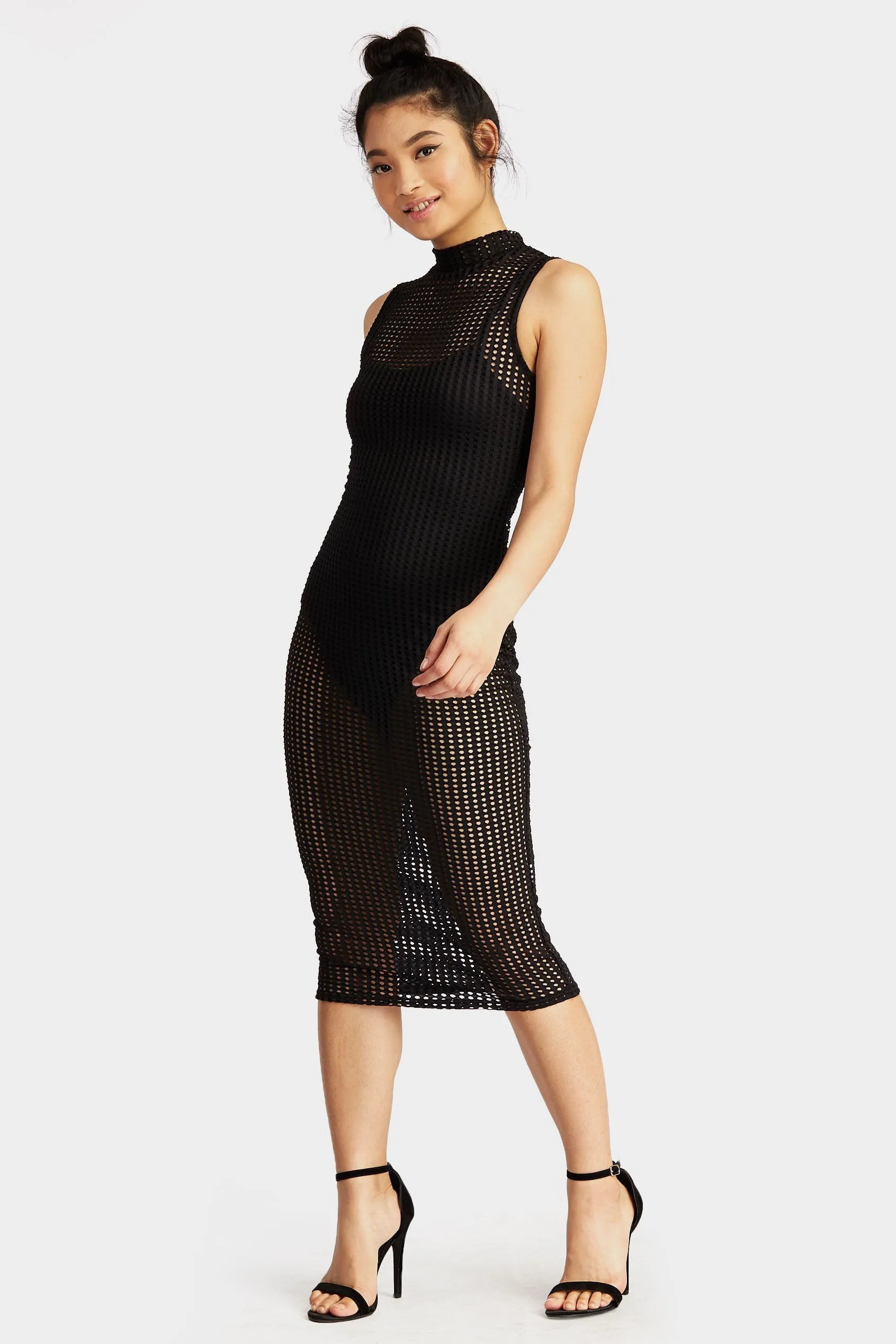 Black High Neck Jumbo Fishnet Midi Dress
