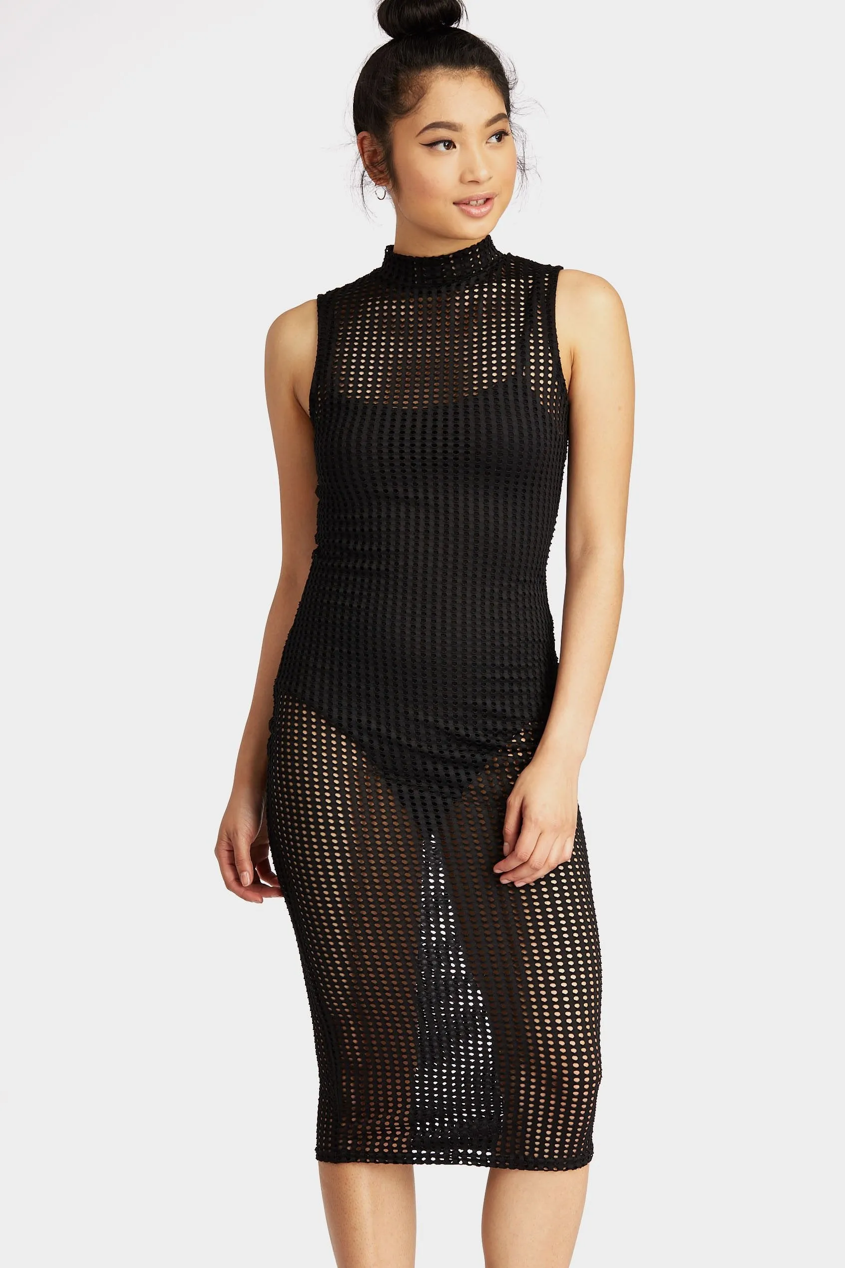 Black High Neck Jumbo Fishnet Midi Dress