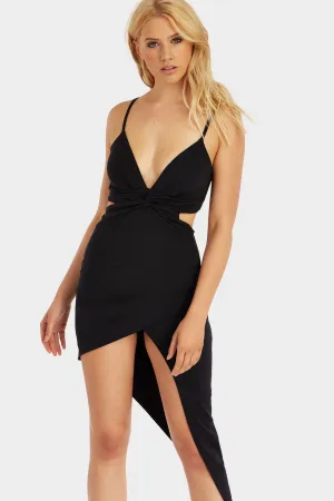 Black Knot Front Asymmetrical Mini Dress