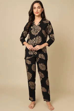 Black Leaf Print Viscose Rayon Night Suit for Women | S-XL | Claura