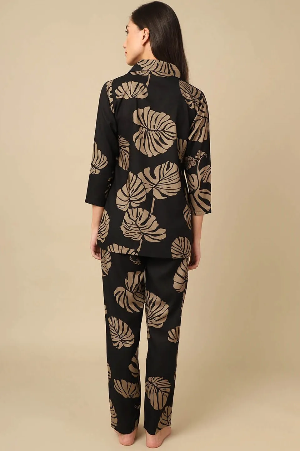 Black Leaf Print Viscose Rayon Night Suit for Women | S-XL | Claura
