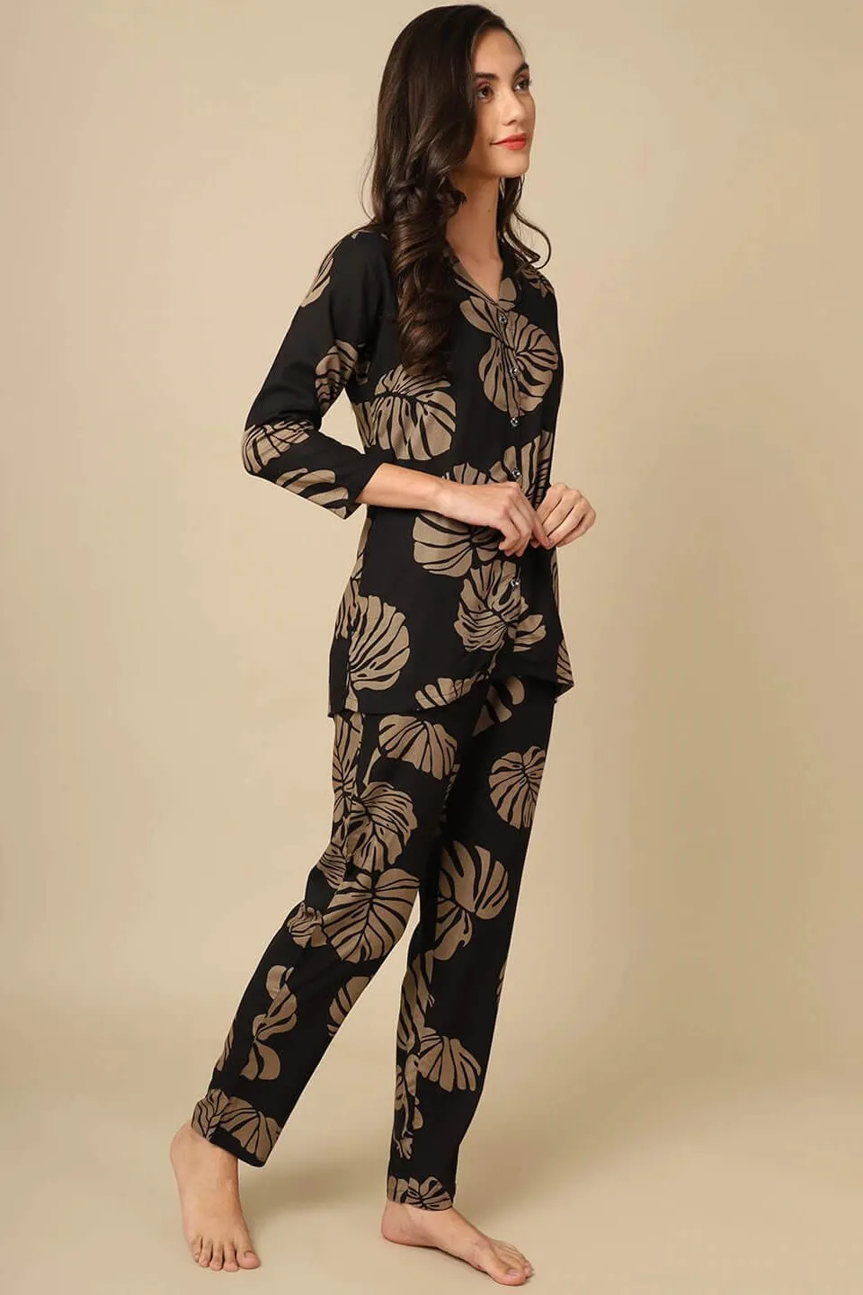 Black Leaf Print Viscose Rayon Night Suit for Women | S-XL | Claura