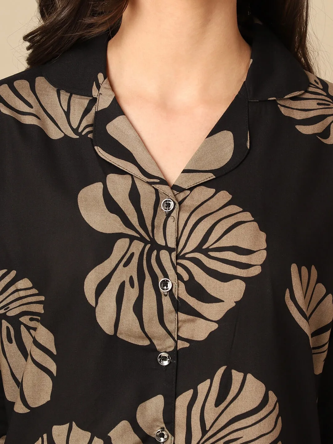 Black Leaf Print Viscose Rayon Night Suit for Women | S-XL | Claura