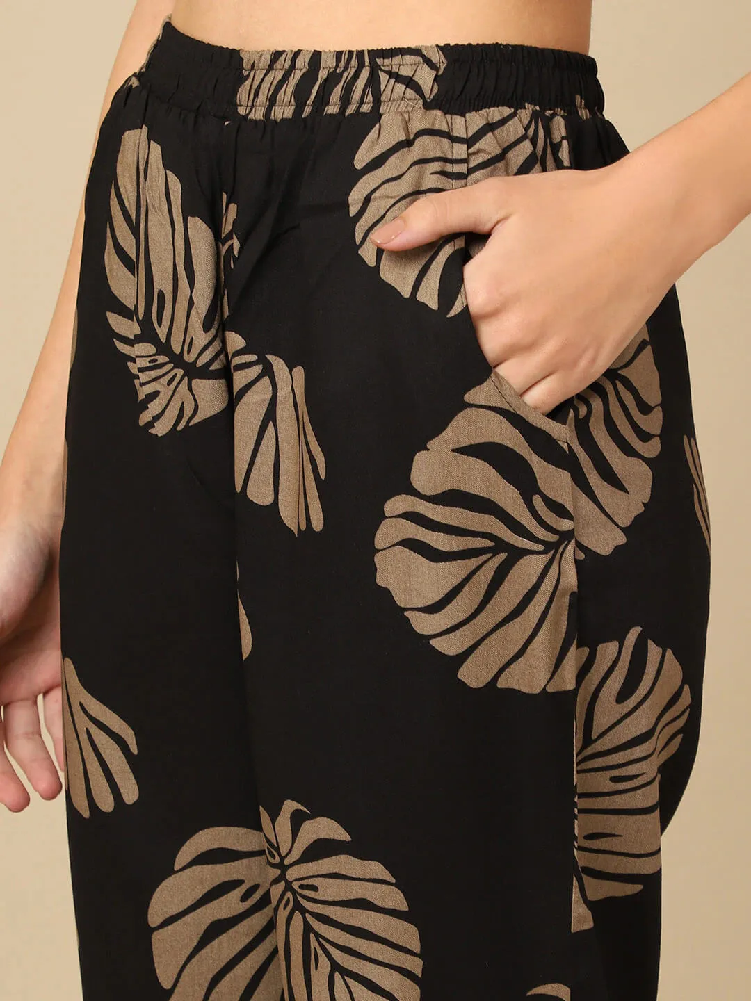Black Leaf Print Viscose Rayon Night Suit for Women | S-XL | Claura