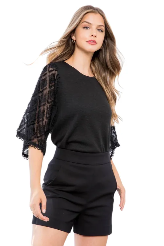 Black mesh bell sleeve knit top